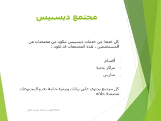 ‫ديسبيس‬ ‫مجتمع‬
‫من‬ ‫مجتمعات‬ ‫من‬ ‫تتكون‬ ‫ديسبيس‬ ‫خدمات‬ ‫من‬ ‫خدمة‬ ‫كل‬
‫تكون‬ ‫قد‬ ‫المجتمعات‬ ‫هذه‬ ، ‫المستخدمين‬:
-‫أقسام‬
-‫بحثية‬ ‫مراكز‬
-‫مدارس‬
‫المجموعات‬ ‫و‬ ،‫به‬ ‫خاصة‬ ‫وصفية‬ ‫بيانات‬ ‫على‬ ‫يحتوي‬ ‫مجتمع‬ ‫كل‬
‫خالله‬ ‫متضمنة‬
‫األولى‬ ‫المصرية‬ ‫الرؤية‬ ‫مؤسسة‬D-SPACE
 