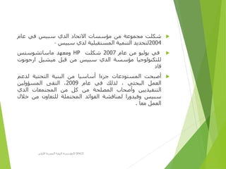 ‫شكلت‬‫مجموعة‬‫من‬‫مؤسسات‬‫االتحاد‬‫الدي‬‫سبيس‬‫في‬‫عام‬
2004‫لتحديد‬‫التنمية‬‫المستقبلية‬‫لدي‬‫سبيس‬–
‫في‬‫يوليو‬‫من‬‫عام‬2007‫شكلت‬HP‫ومعهد‬‫ماساتشوستس‬
‫للتكنولوجيا‬‫مؤسسة‬‫الدي‬‫سبيس‬‫من‬‫قبل‬‫ميشيل‬‫ارجون‬‫وت‬
‫قاد‬
‫أصبحت‬‫المستودعات‬‫جزءا‬‫أساسيا‬‫من‬‫البنية‬‫التحتية‬‫لدعم‬
‫العمل‬‫البحثي‬،‫لذلك‬‫في‬‫عام‬2009،‫التقى‬‫المسؤولين‬
‫التنفيذيين‬‫وأصحاب‬‫المصلحة‬‫من‬‫كل‬‫من‬‫المجتمعات‬‫الدي‬
‫سبيس‬‫وفيدورا‬‫لمناقشة‬‫الفوائد‬‫المحتملة‬‫للتعاون‬‫من‬‫خ‬‫الل‬
‫العمل‬‫معا‬.
‫األولى‬ ‫المصرية‬ ‫الرؤية‬ ‫مؤسسة‬D-SPACE
 