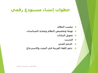 ‫رقمي‬ ‫مستودع‬ ‫إنشاء‬ ‫خطوات‬
‫النظام‬ ‫تنصيب‬
‫السياسات‬ ‫وتحديد‬ ‫النظام‬ ‫وتخصيص‬ ‫تهيئة‬
‫البيانات‬ ‫تحويل‬
‫التدريب‬
‫الفني‬ ‫الدعم‬
‫واالسترجاع‬ ‫البحث‬ ‫في‬ ‫العربية‬ ‫اللغة‬ ‫دعم‬
‫األولى‬ ‫المصرية‬ ‫الرؤية‬ ‫مؤسسة‬D-SPACE
 