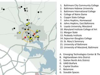 1. Baltimore City Community College
                     2. Baltimore Hebrew University
                     3. Baltimore International College
                     4. College of Notre Dame
                     5. Coppin State College
                     7. Johns Hopkins, Homewood
        C            8. Johns Hopkins, East Baltimore
                     9. Loyola University, Maryland
                     10. Maryland Institute College of Art
                 B
D                    11. Morgan State
    F                13. Peabody Institute
             A       14. Sojourner-Douglass College
        GE           15. St. Mary’s Seminary
                     21. University of Baltimore
                     22. University of Maryland, Baltimore

                     A.   Emerging Technologies Center & The
                     B.   Highlandtown Arts District
                     C.   Station North Arts District
                     D.   UMD BioPark
                     E.   Capital Studios
                     F.   Betamore
                     G.   Sizeable Spaces
 