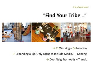 A New Spatial Model




                       “Find Your Tribe…”




                              → CoWorking – CoLocation
→ Expanding a Bio-Only Focus to Include Media, IT, Gaming
                         → Cool Neighborhoods + Transit
 