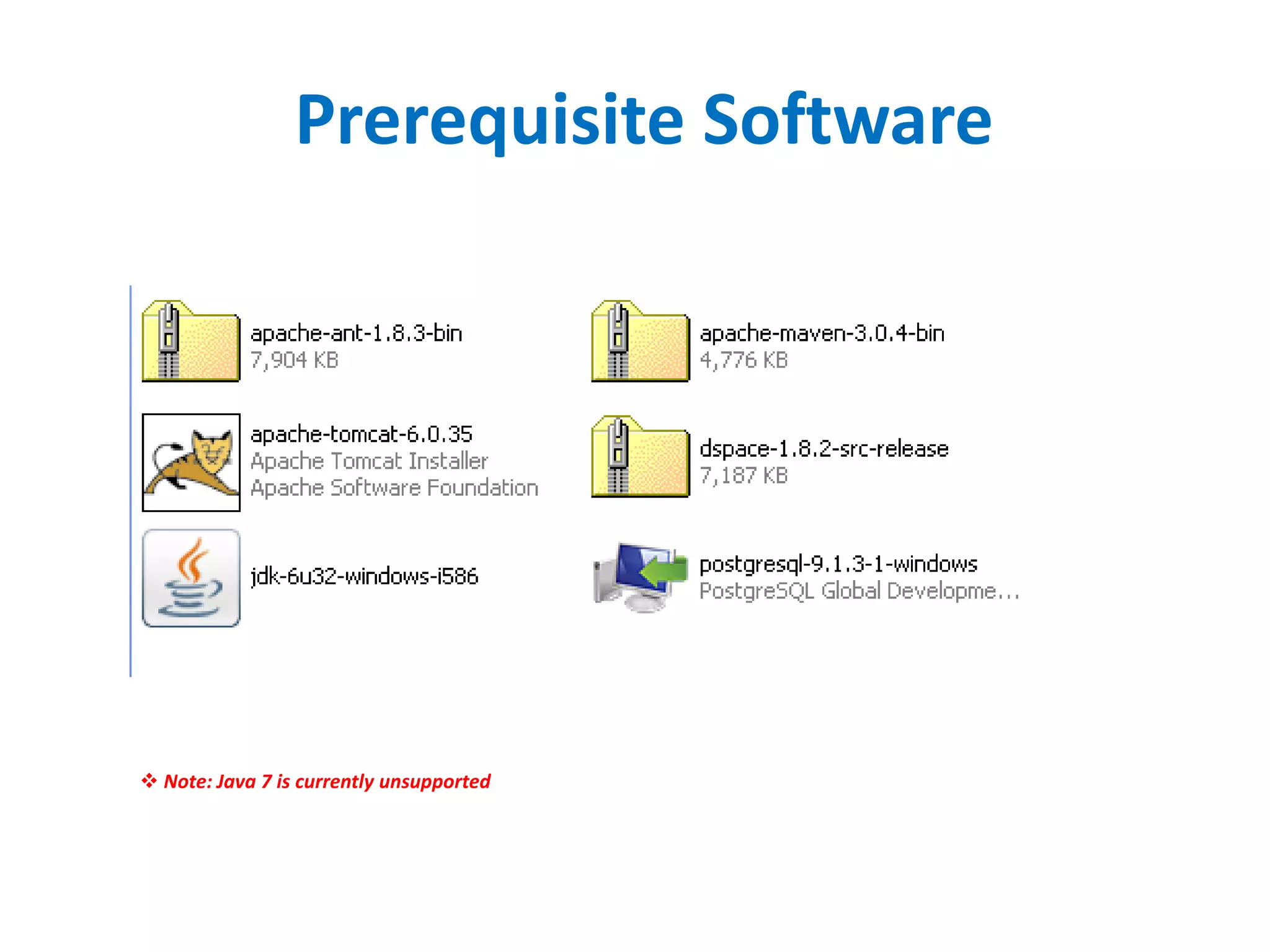 Prerequisite Software
 Note: Java 7 is currently unsupported
 