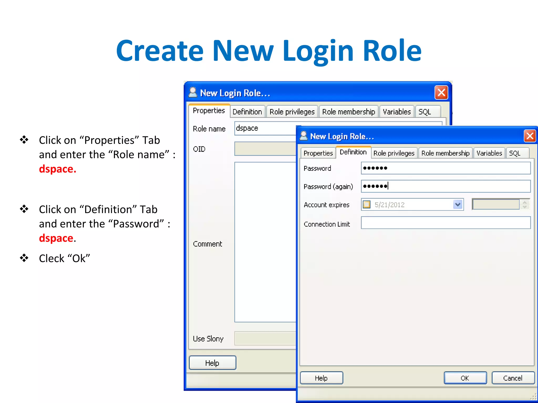 Create New Login Role
 Click on “Properties” Tab
and enter the “Role name” :
dspace.
 Click on “Definition” Tab
and enter the “Password” :
dspace.
 Cleck “Ok”
 