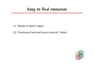 Easy to find resources



(1) “Beasts of Berlin” paper


(2) “Communal land and tenure security” thesis
 
