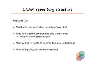 UNAM repository structure


DISCUSSION

  What will your repository structure look like?

  Who will create Communities and Collections?
   Requires administrative rights

  Who will have rights to submit items to Collections?

  Who will quality assure submissions?
 