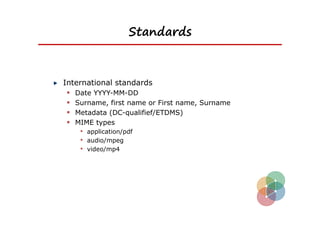 Standards



International standards
  Date YYYY-MM-DD
  Surname, first name or First name, Surname
  Metadata (DC-qualifief/ETDMS)
  MIME types
    • application/pdf
    • audio/mpeg
    • video/mp4
 