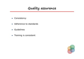 Quality assurance


Consistency

Adherence to standards

Guidelines

Training is consistent
 