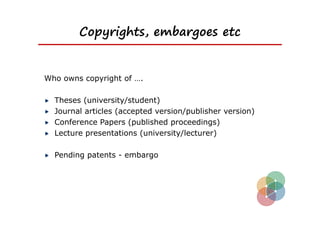Copyrights, embargoes etc


Who owns copyright of ….

  Theses (university/student)
  Journal articles (accepted version/publisher version)
  Conference Papers (published proceedings)
  Lecture presentations (university/lecturer)

  Pending patents - embargo
 