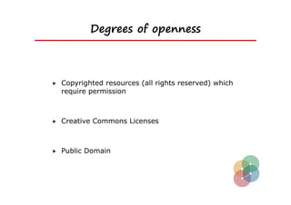 Degrees of openness



Copyrighted resources (all rights reserved) which
require permission



Creative Commons Licenses



Public Domain
 