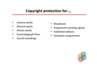 Copyright protection for….

   Literary works           Broadcasts
   Musical works            Programme‐carrying signals
   Artistic works           Published editions
   Cinematograph films      Computer programmes
   Sound recordings
 