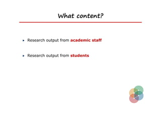 What content?


Research output from academic staff



Research output from students
 