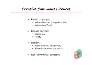 Creative Commons Licences

    Retain copyright
      Allow others to copy/distribute
      Attribution/Credit

    License specifies
      Use/re-use
      Modify

    Options:
      Public domain, Attribution,
      Share-alike, non-commercial...

    Non-commercial purposes
 