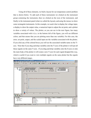 Using all of these elements, we built a layout for our temperature control problem
that is shown below. To add each of these instruments we clicked on the instrument
group containing the instrument, then we clicked on the icon of the instrument, and
finally in the instrument panel (what we called the layout), and using the mouse we drew
some rectangular instruments. In this example, we used a bar to display the voltage input,
a display to show the output value, a numerical input to adjust the set point, and a plotter
to show a variety of values. The plotter, as you can see in the next figure, has many
variables associated with it (i.e. in the bottom left of the figure, you will see different
colors, and that means that you are plotting more than one variable). For this case, the
error, set point, output, and the scaled input are the variables associated with the plotter.
If you click any of the colored boxes you will see the associated variable name on the Y-
axis. Note that if you drag and drop variables onto the Y-axis of the plotter it will put all
those signals on the same Y-axis. If you drag and drop variables onto the X-axis or onto
the main body of the plotter it will create a new Y-axis for each signal dropped this way,
which is useful if you want to view multiple signals on the same plotter but the signals
have very different ranges.
 