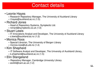 Contact details
• Leonie Hayes
  – Research Repository Manager, The University of Auckland Library
  – l.hayes@auckland.ac.nz (1.5)
• Richard Jones
  – Head of Repository Systems, Symplectic Ltd.
  – richard@symplectic.co.uk (1.0)
• Stuart Lewis
  – IT Innovations Analyst and Developer, The University of Auckland Library
  – s.lewis@auckland.ac.nz (1.2)
• Monica Roos
  – Special Librarian, The University of Bergen Library
  – monica.roos@ub.uib.no (1.4)
• Kim Shepherd
  – IT Software Analyst and Developer, The University of Auckland Library,
  – k.shepherd@auckland.ac.nz (1.5)
• Elin Stangeland
  – Repository Manager, Cambridge University Library
  – es444@cam.ac.uk (1.2)
                                                                               SL
 