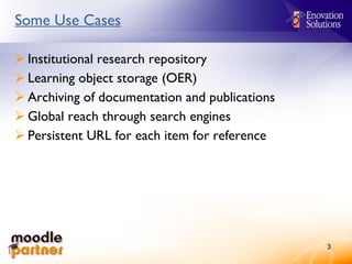 Some Use Cases Institutional research repository Learning object storage (OER) Archiving of documentation and publications Global reach through search engines Persistent URL for each item for reference 