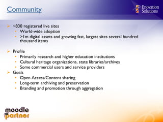 Community ~830 registered live sites World-wide adoption >1m digital assets and growing fast, largest sites several hundred thousand items Profile Primarily research and higher education institutions Cultural heritage organizations, state libraries/archives Some commercial users and service providers  Goals Open Access/Content sharing Long-term archiving and preservation Branding and promotion through aggregation 