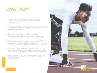 Contents
PART 1 - what happens next?
Introduction to Basecamp
Your team & key contact information
Information we need from you
Before we get started -
Why DSP?
• Does the marketing funnel work
anymore?
• Fragmented consumer journey across
‘omni-channel’
• Access to billions of consumer
interactions and machine learning
• Multi-channel targeting across OTT,
amazon.com, mobile and now… voice!
• Amazon Sponsored products are at
the point of buying intent or browsing
• Sponsored Display (views) bridge for
retargeting
 