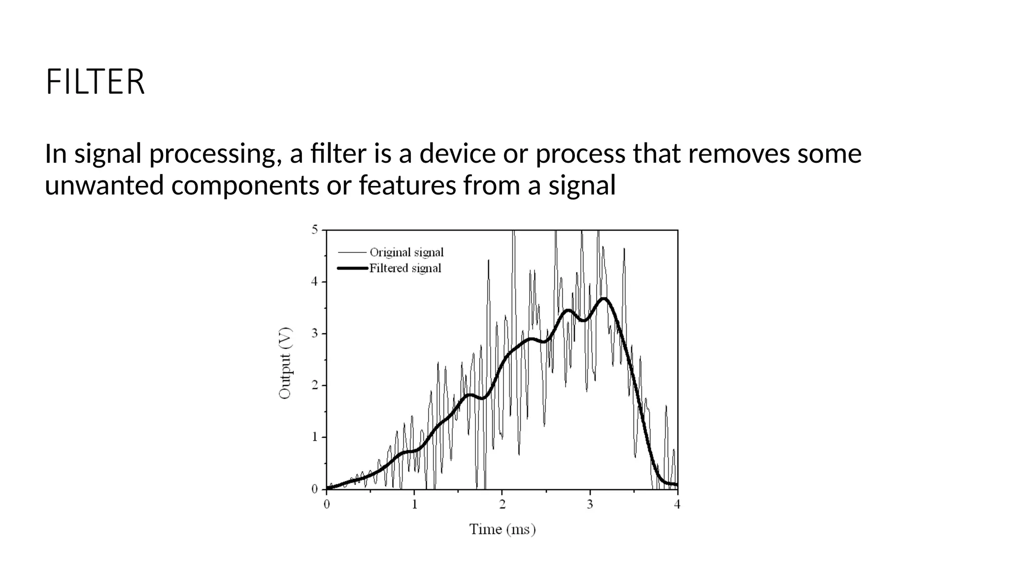 FILTER
In signal processing, a filter is a device or process that removes some
unwanted components or features from a signal
 