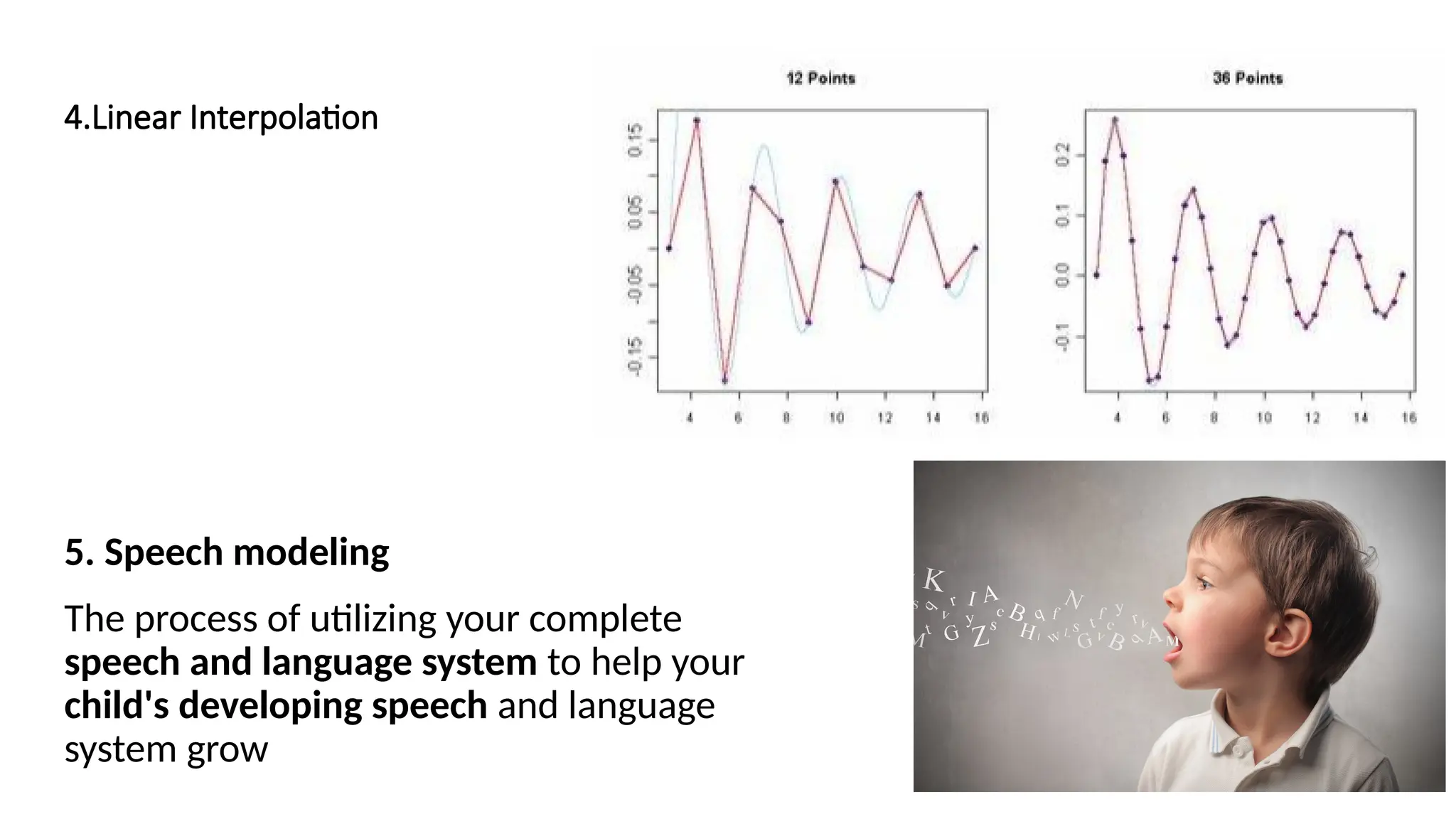 4.Linear Interpolation
5. Speech modeling
The process of utilizing your complete
speech and language system to help your
child's developing speech and language
system grow
 