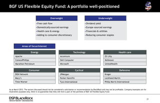 BGF US Flexible Equity Fund: A portfolio well-positioned

                                                Overweight                                               Underweight

                               • Free cash flow                                          • Dividend yield
                               • Domestically-sourced earnings                           • Europe -sourced earnings
                               • Health care & energy                                    • Financials & utilities
                               • Adding to consumer discretionary                        • Reducing consumer staples



               Areas of focus/interest

                         Energy                                            Technology                                            Health care
       Apache                                               Accenture                                            Eli Lilly
       ConocoPhillips                                       Dell Computer                                        McKesson
       Marathon Petroleum                                   Microsoft                                            UnitedHealth


                       Consumer                                              Cyclical                                             Defensive
      DISH Network                                         JPMorgan                                             Kroger
      Macy’s                                               Parker Hannifin                                      Lockheed Martin
      Time Warner                                          Tyco International                                   Philip Morris International


As at March 2012. The sectors discussed should not be considered a solicitation or recommendation by BlackRock and may not be profitable. Company examples are for
illustration purposes only, there is no guarantee that they will form a part of the portfolio of BGF US Flexible Equity Fund.



                                                                                                                                                                     21
 