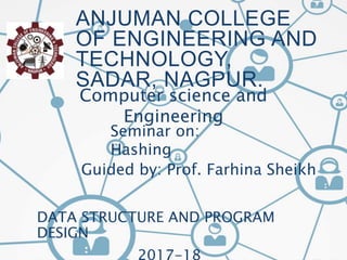 ANJUMAN COLLEGE
OF ENGINEERING AND
TECHNOLOGY,
SADAR, NAGPUR.
DATA STRUCTURE AND PROGRAM
DESIGN
2017-18
Computer science and
Engineering
Seminar on:
Hashing
Guided by: Prof. Farhina Sheikh
 