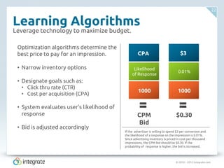 © 2010 – 2012 Integrate.com
22
Learning Algorithms
Leverage technology to maximize budget.
Optimization algorithms determine the
best price to pay for an impression.
• Narrow inventory options
• Designate goals such as:
• Click thru rate (CTR)
• Cost per acquisition (CPA)
• System evaluates user’s likelihood of
response
• Bid is adjusted accordingly
If the advertiser is willing to spend $3 per conversion and
the likelihood of a response on the impression is 0.01%.
Since advertising inventory is priced in cost-per-thousand
impressions, the CPM bid should be $0.30. If the
probability of response is higher, the bid is increased.
CPA $3
Likelihood
of Response
0.01%
1000 1000
CPM
Bid
$0.30
 