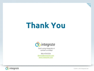 © 2010 – 2012 Integrate.com
24
Thank You
Start using Integrate or
contact us today!
866-478-0326
demos@integrate.com
www.integrate.com
 