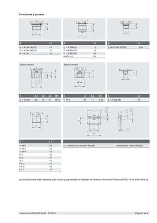 Página 7 de 8Hoja técnica WIKA PE 81.60 ∙ 07/2014
G L1 L2 L3 D1
G ¼ EN 837 20 13 10 Ø 25
G L1 L2 D1
¼ NPT 20 14 Ø 25
G L1
G ⅛ B EN 837 10
G L1
⅛ NPT 10
¼ NPT 13
½ NPT 19
R ¼ 13
R ⅜ 15
R ½ 19
PT ¼ 13
PT ⅜ 15
PT ½ 19
G ¼ hembra con conexión bridada Dimensiones, véase el dibujo
G L1
G ¼ A DIN 3852-E 14
G ½ A DIN 3852-E 17
M14 x 1,5 14
G L1
G ¼ B EN 837 13
G ⅜ B EN 837 16
G ½ B EN 837 20
M20 x 1,5 20
G L1
7/16-20 UNF BOSS 12,85
Rosca hembra Rosca hembra
Conexiones a proceso
Las indicaciones sobre taladros para roscar y para soldar se detallan en nuestra información técnica IN 00.14 en www.wika.es.
 