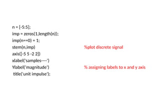 n = [-5:5];
imp = zeros(1,length(n));
imp(n==0) = 1;
stem(n,imp) %plot discrete signal
axis([-5 5 -2 2])
xlabel('samples----')
Ylabel(‘magnitude’) % assigning labels to x and y axis
title('unit impulse');
 