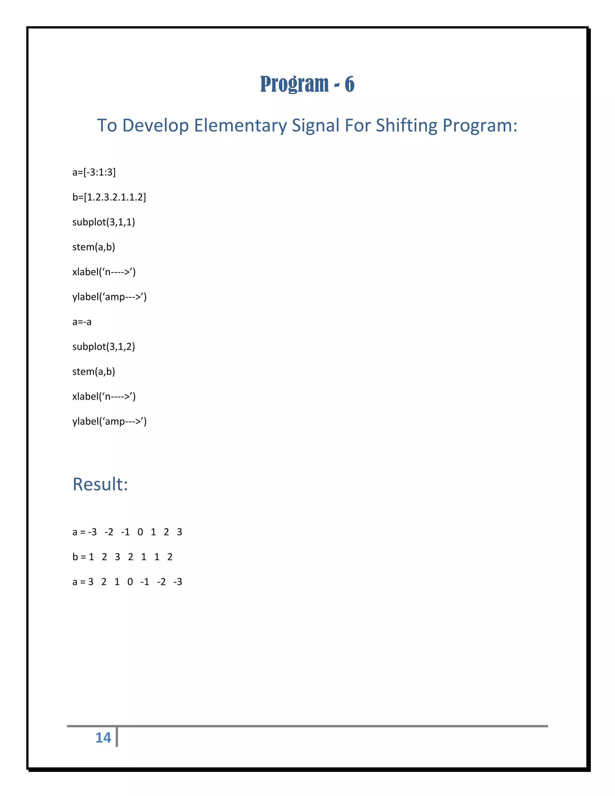 Program - 6
        To Develop Elementary Signal For Shifting Program: 
 

a=[‐3:1:3] 

b=[1.2.3.2.1.1.2] 

subplot(3,1,1) 

stem(a,b) 

xlabel(‘n‐‐‐‐>’) 

ylabel(‘amp‐‐‐>’) 

a=‐a 

subplot(3,1,2) 

stem(a,b) 

xlabel(‘n‐‐‐‐>’) 

ylabel(‘amp‐‐‐>’) 

 


Result: 
 

a = ‐3   ‐2   ‐1   0   1   2   3 

b = 1   2   3   2   1   1   2 

a = 3   2   1   0   ‐1   ‐2   ‐3 

 

 




        14     
 
 