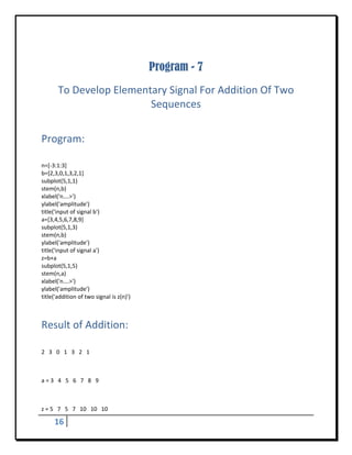  


                                           Program - 7
        To Develop Elementary Signal For Addition Of Two 
                          Sequences 
 


Program: 
 

n=[‐3:1:3] 
b=[2,3,0,1,3,2,1] 
subplot(5,1,1) 
stem(n,b) 
xlabel('n….>')    
ylabel('amplitude') 
title('input of signal b') 
a=[3,4,5,6,7,8,9] 
subplot(5,1,3) 
stem(n,b) 
ylabel('amplitude') 
title('input of signal a') 
z=b+a 
subplot(5,1,5) 
stem(n,a) 
xlabel('n….>')    
ylabel('amplitude') 
title('addition of two signal is z(n)') 



Result of Addition: 
 

2   3   0   1   3   2   1 

 

a = 3   4   5   6   7   8   9 

 

z = 5   7   5   7   10   10   10 

      16       
 
 