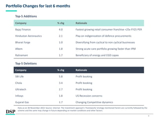 7
Portfolio Changes for last 6 months
Company % chg Rationale
SBI Life 5.8 Profit booking
Chola 3.4 Profit booking
Ultratech 2.7 Profit booking
Infosys 1.8 US Recession concerns
Gujarat Gas 1.7 Changing Competitive dynamics
Top-5 Deletions
Company % chg Rationale
Bajaj Finance 4.0 Fastest growing retail consumer franchise <25x FY25 PER
Hindustan Aeronautics 2.1 Play on indigenisation of defence procurements
Bharat Forge 1.0 Diversifying from cyclical to non cyclical businesses
Alkem 1.8 Strong acute care portfolio growing faster than IPM
Ratnamani 1.7 Beneficiary of energy and CGD capex
Top-5 Additions
Data as on 30 November-2022 Source: Internal. The investment approach / framework/ strategy mentioned herein are currently followed by the
scheme and the same may change in future depending on market conditions and other factors.
 