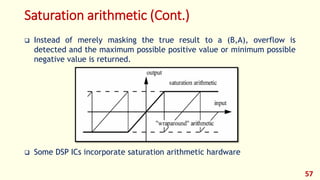 Saturation arithmetic (Cont.)
 Instead of merely masking the true result to a (B,A), overflow is
detected and the maximum possible positive value or minimum possible
negative value is returned.
 Some DSP ICs incorporate saturation arithmetic hardware
57
 