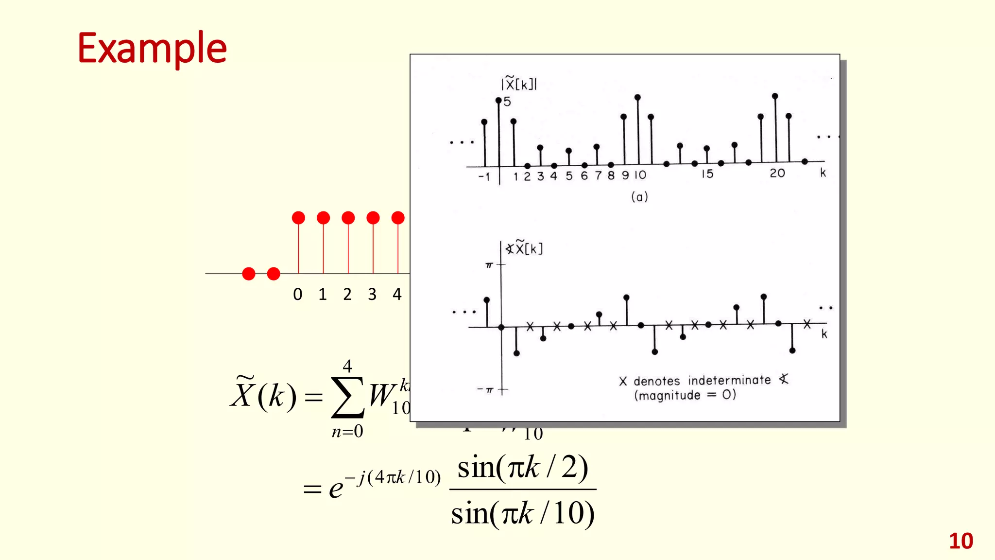 Example
10
k
k
n
kn
W
W
WkX
10
5
10
4
0
10
1
1
)(
~


 
0 1 2 3 4 5 6 7 8 9 n
)10/sin(
)2/sin()10/4(
k
k
e kj


 
 