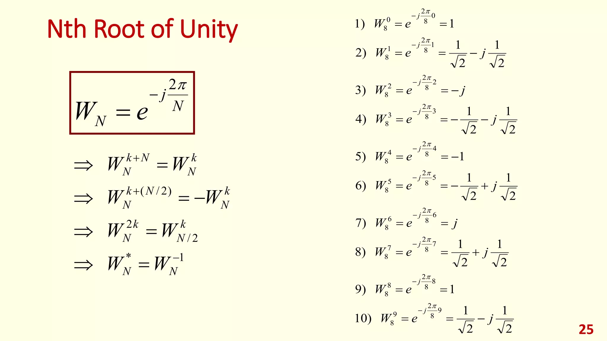 Nth Root of Unity
252
1
2
1
10)
19)
2
1
2
1
8)
7)
2
1
2
1
6)
15)
2
1
2
1
4)
3)
2
1
2
1
2)
11)
9
8
2
9
8
8
8
2
8
8
7
8
2
7
8
6
8
2
6
8
5
8
2
5
8
4
8
2
4
8
3
8
2
3
8
2
8
2
2
8
1
8
2
1
8
0
8
2
0
8
jeW
eW
jeW
jeW
jeW
eW
jeW
jeW
jeW
eW
j
j
j
j
j
j
j
j
j
j






























1*
2/
2
)2/(







NN
k
N
k
N
k
N
Nk
N
k
N
Nk
N
WW
WW
WW
WW
N
j
N eW
2


 