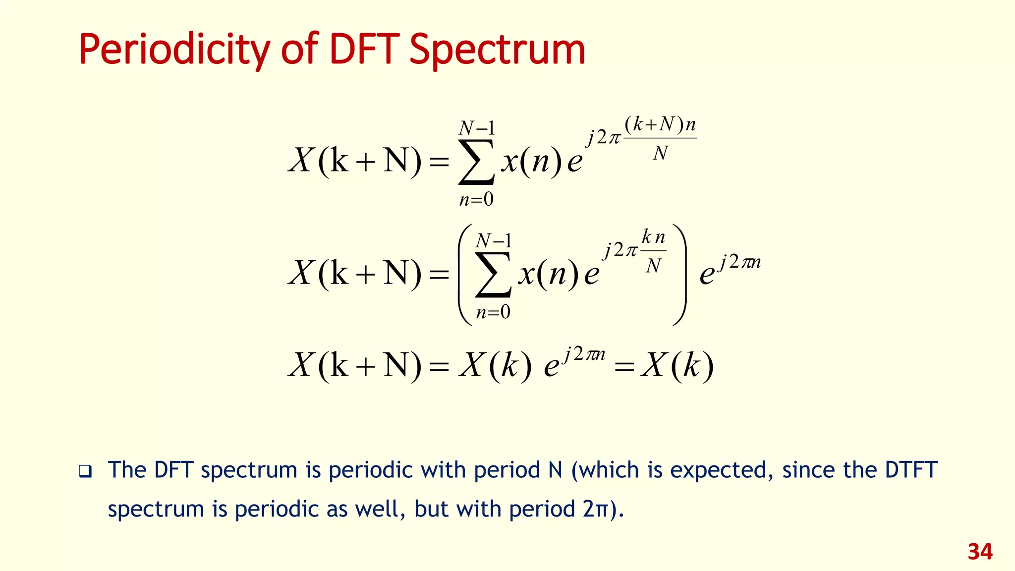 Periodicity of DFT Spectrum
 The DFT spectrum is periodic with period N (which is expected, since the DTFT
spectrum is periodic as well, but with period 2π).
34
)()(N)k(
)(N)k(
)(N)k(
2
2
1
0
2
1
0
)(
2
kXekXX
eenxX
enxX
nj
nj
N
n
N
nk
j
N
n
N
nNk
j






















 