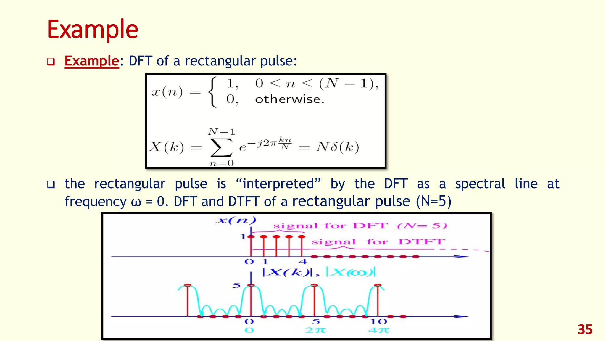 Example
 Example: DFT of a rectangular pulse:
 the rectangular pulse is “interpreted” by the DFT as a spectral line at
frequency ω = 0. DFT and DTFT of a rectangular pulse (N=5)
35
 
