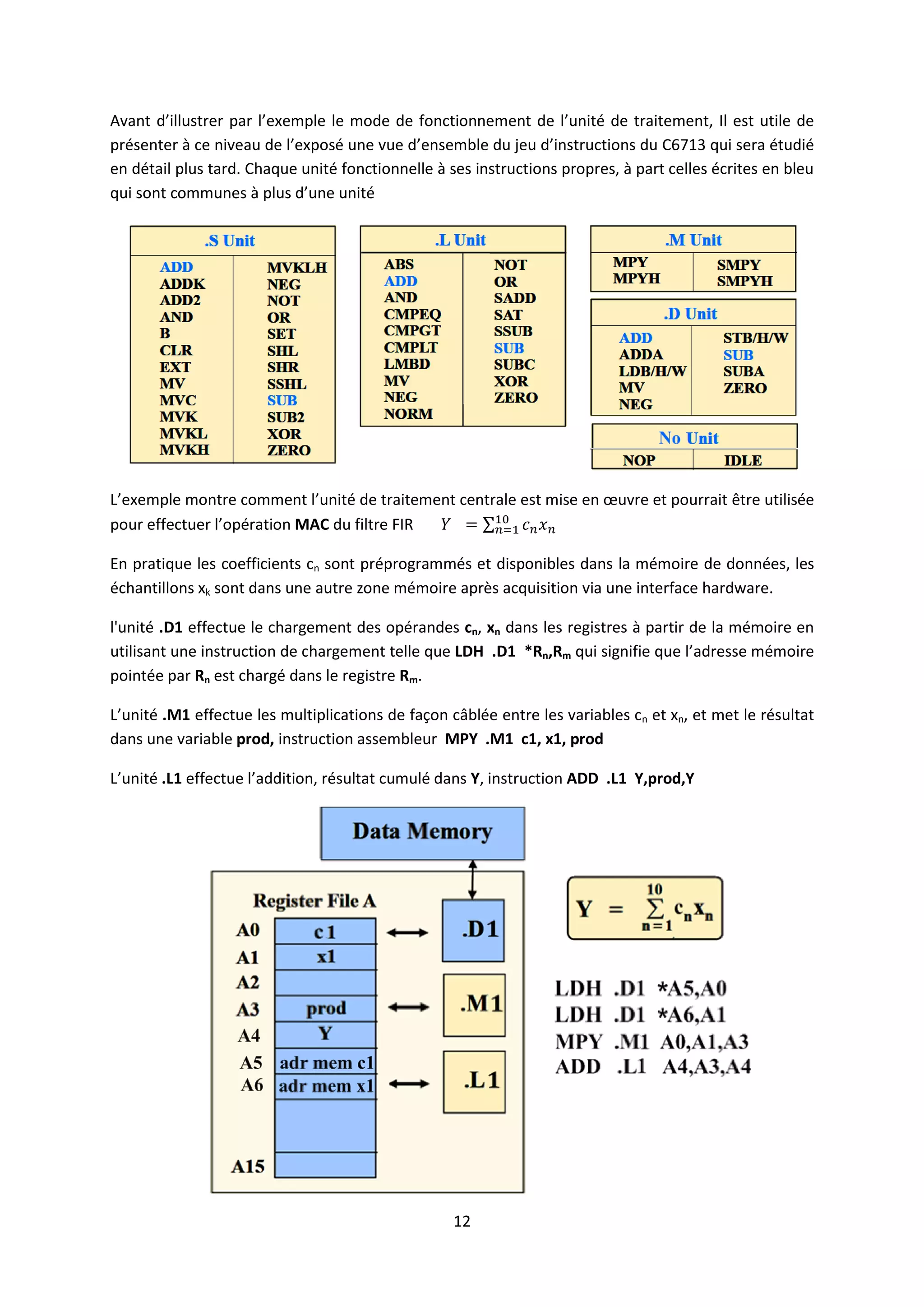 12
Avant d’illustrer par l’exemple le mode de fonctionnement de l’unité de traitement, Il est utile de
présenter à ce niveau de l’exposé une vue d’ensemble du jeu d’instructions du C6713 qui sera étudié
en détail plus tard. Chaque unité fonctionnelle à ses instructions propres, à part celles écrites en bleu
qui sont communes à plus d’une unité
L’exemple montre comment l’unité de traitement centrale est mise en œuvre et pourrait être utilisée
pour effectuer l’opération MAC du filtre FIR 𝑌 = ∑ 𝑐𝑛𝑥𝑛
10
𝑛=1
En pratique les coefficients cn sont préprogrammés et disponibles dans la mémoire de données, les
échantillons xk sont dans une autre zone mémoire après acquisition via une interface hardware.
l'unité .D1 effectue le chargement des opérandes cn, xn dans les registres à partir de la mémoire en
utilisant une instruction de chargement telle que LDH .D1 *Rn,Rm qui signifie que l’adresse mémoire
pointée par Rn est chargé dans le registre Rm.
L’unité .M1 effectue les multiplications de façon câblée entre les variables cn et xn, et met le résultat
dans une variable prod, instruction assembleur MPY .M1 c1, x1, prod
L’unité .L1 effectue l’addition, résultat cumulé dans Y, instruction ADD .L1 Y,prod,Y
 