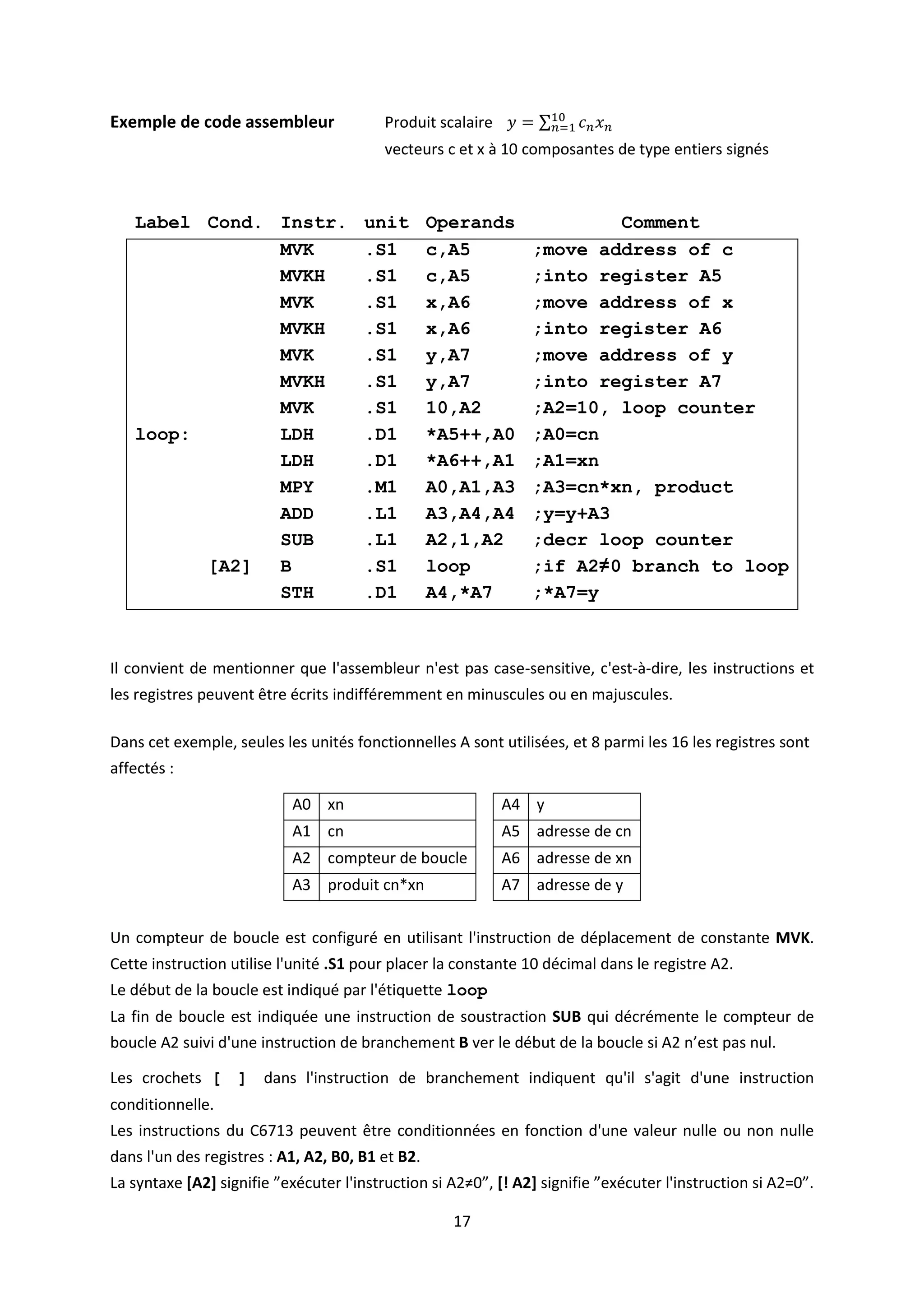 17
Exemple de code assembleur Produit scalaire 𝑦 = ∑ 𝑐𝑛𝑥𝑛
10
𝑛=1
vecteurs c et x à 10 composantes de type entiers signés
Label Cond. Instr. unit Operands Comment
MVK .S1 c,A5 ;move address of c
MVKH .S1 c,A5 ;into register A5
MVK .S1 x,A6 ;move address of x
MVKH .S1 x,A6 ;into register A6
MVK .S1 y,A7 ;move address of y
MVKH .S1 y,A7 ;into register A7
MVK .S1 10,A2 ;A2=10, loop counter
loop: LDH .D1 *A5++,A0 ;A0=cn
LDH .D1 *A6++,A1 ;A1=xn
MPY .M1 A0,A1,A3 ;A3=cn*xn, product
ADD .L1 A3,A4,A4 ;y=y+A3
SUB .L1 A2,1,A2 ;decr loop counter
[A2] B .S1 loop ;if A2≠0 branch to loop
STH .D1 A4,*A7 ;*A7=y
Il convient de mentionner que l'assembleur n'est pas case-sensitive, c'est-à-dire, les instructions et
les registres peuvent être écrits indifféremment en minuscules ou en majuscules.
Dans cet exemple, seules les unités fonctionnelles A sont utilisées, et 8 parmi les 16 les registres sont
affectés :
A0 xn A4 y
A1 cn A5 adresse de cn
A2 compteur de boucle A6 adresse de xn
A3 produit cn*xn A7 adresse de y
Un compteur de boucle est configuré en utilisant l'instruction de déplacement de constante MVK.
Cette instruction utilise l'unité .S1 pour placer la constante 10 décimal dans le registre A2.
Le début de la boucle est indiqué par l'étiquette loop
La fin de boucle est indiquée une instruction de soustraction SUB qui décrémente le compteur de
boucle A2 suivi d'une instruction de branchement B ver le début de la boucle si A2 n’est pas nul.
Les crochets [ ] dans l'instruction de branchement indiquent qu'il s'agit d'une instruction
conditionnelle.
Les instructions du C6713 peuvent être conditionnées en fonction d'une valeur nulle ou non nulle
dans l'un des registres : A1, A2, B0, B1 et B2.
La syntaxe [A2] signifie ”exécuter l'instruction si A2≠0”, [! A2] signifie ”exécuter l'instruction si A2=0”.
 