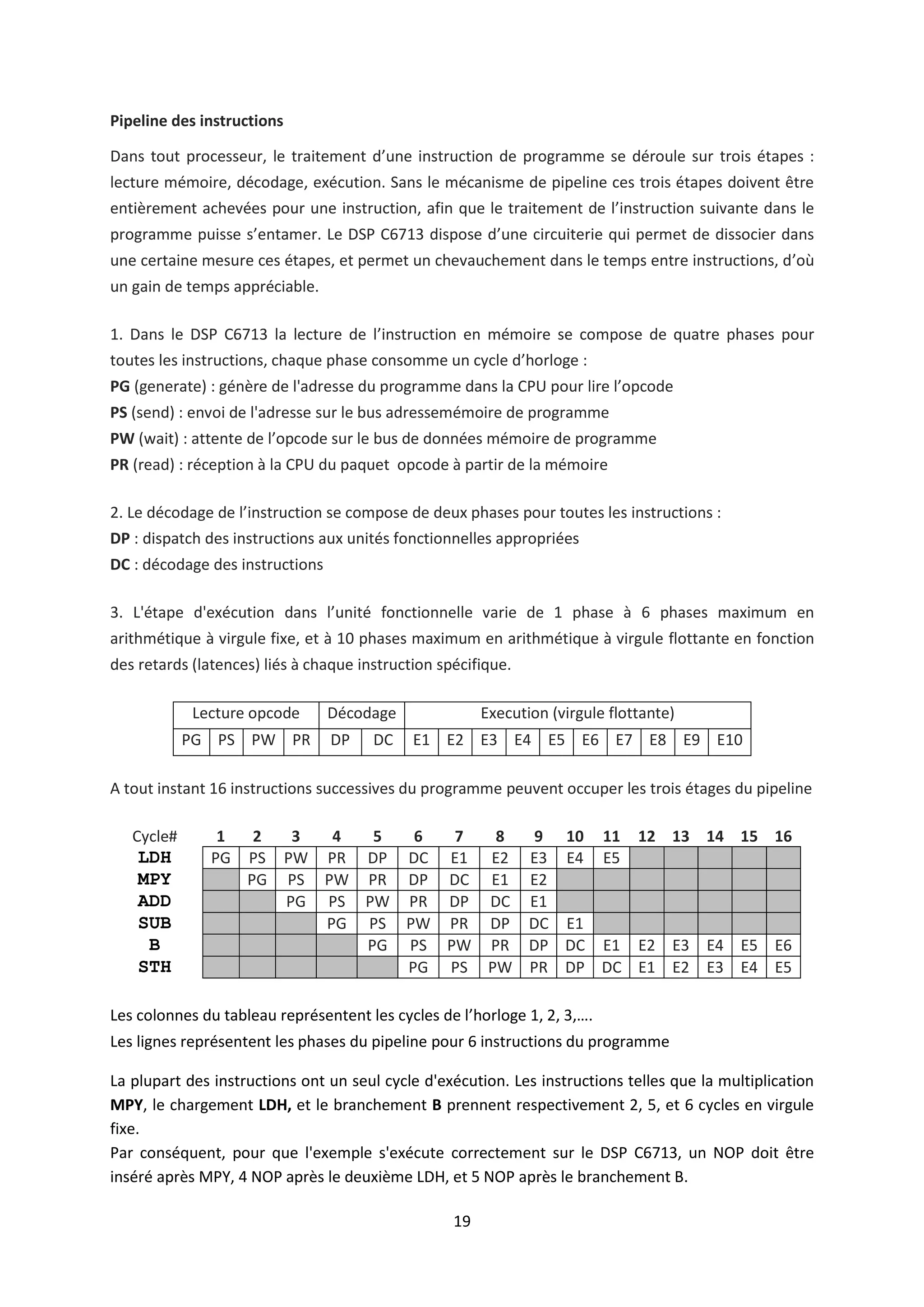 19
Pipeline des instructions
Dans tout processeur, le traitement d’une instruction de programme se déroule sur trois étapes :
lecture mémoire, décodage, exécution. Sans le mécanisme de pipeline ces trois étapes doivent être
entièrement achevées pour une instruction, afin que le traitement de l’instruction suivante dans le
programme puisse s’entamer. Le DSP C6713 dispose d’une circuiterie qui permet de dissocier dans
une certaine mesure ces étapes, et permet un chevauchement dans le temps entre instructions, d’où
un gain de temps appréciable.
1. Dans le DSP C6713 la lecture de l’instruction en mémoire se compose de quatre phases pour
toutes les instructions, chaque phase consomme un cycle d’horloge :
PG (generate) : génère de l'adresse du programme dans la CPU pour lire l’opcode
PS (send) : envoi de l'adresse sur le bus adressemémoire de programme
PW (wait) : attente de l’opcode sur le bus de données mémoire de programme
PR (read) : réception à la CPU du paquet opcode à partir de la mémoire
2. Le décodage de l’instruction se compose de deux phases pour toutes les instructions :
DP : dispatch des instructions aux unités fonctionnelles appropriées
DC : décodage des instructions
3. L'étape d'exécution dans l’unité fonctionnelle varie de 1 phase à 6 phases maximum en
arithmétique à virgule fixe, et à 10 phases maximum en arithmétique à virgule flottante en fonction
des retards (latences) liés à chaque instruction spécifique.
Lecture opcode Décodage Execution (virgule flottante)
PG PS PW PR DP DC E1 E2 E3 E4 E5 E6 E7 E8 E9 E10
A tout instant 16 instructions successives du programme peuvent occuper les trois étages du pipeline
Cycle# 1 2 3 4 5 6 7 8 9 10 11 12 13 14 15 16
LDH PG PS PW PR DP DC E1 E2 E3 E4 E5
MPY PG PS PW PR DP DC E1 E2
ADD PG PS PW PR DP DC E1
SUB PG PS PW PR DP DC E1
B PG PS PW PR DP DC E1 E2 E3 E4 E5 E6
STH PG PS PW PR DP DC E1 E2 E3 E4 E5
Les colonnes du tableau représentent les cycles de l’horloge 1, 2, 3,….
Les lignes représentent les phases du pipeline pour 6 instructions du programme
La plupart des instructions ont un seul cycle d'exécution. Les instructions telles que la multiplication
MPY, le chargement LDH, et le branchement B prennent respectivement 2, 5, et 6 cycles en virgule
fixe.
Par conséquent, pour que l'exemple s'exécute correctement sur le DSP C6713, un NOP doit être
inséré après MPY, 4 NOP après le deuxième LDH, et 5 NOP après le branchement B.
 