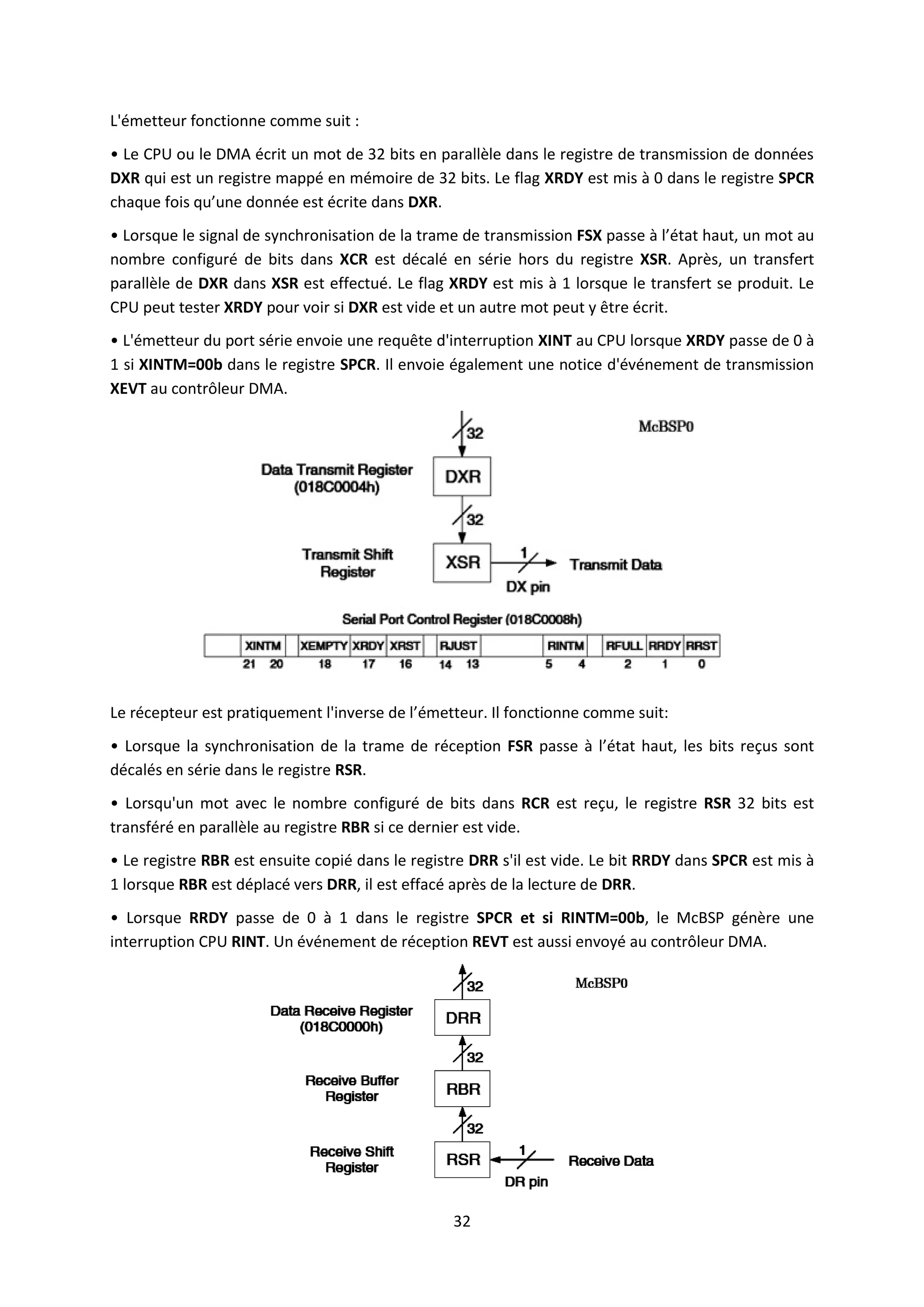 32
L'émetteur fonctionne comme suit :
• Le CPU ou le DMA écrit un mot de 32 bits en parallèle dans le registre de transmission de données
DXR qui est un registre mappé en mémoire de 32 bits. Le flag XRDY est mis à 0 dans le registre SPCR
chaque fois qu’une donnée est écrite dans DXR.
• Lorsque le signal de synchronisation de la trame de transmission FSX passe à l’état haut, un mot au
nombre configuré de bits dans XCR est décalé en série hors du registre XSR. Après, un transfert
parallèle de DXR dans XSR est effectué. Le flag XRDY est mis à 1 lorsque le transfert se produit. Le
CPU peut tester XRDY pour voir si DXR est vide et un autre mot peut y être écrit.
• L'émetteur du port série envoie une requête d'interruption XINT au CPU lorsque XRDY passe de 0 à
1 si XINTM=00b dans le registre SPCR. Il envoie également une notice d'événement de transmission
XEVT au contrôleur DMA.
Le récepteur est pratiquement l'inverse de l’émetteur. Il fonctionne comme suit:
• Lorsque la synchronisation de la trame de réception FSR passe à l’état haut, les bits reçus sont
décalés en série dans le registre RSR.
• Lorsqu'un mot avec le nombre configuré de bits dans RCR est reçu, le registre RSR 32 bits est
transféré en parallèle au registre RBR si ce dernier est vide.
• Le registre RBR est ensuite copié dans le registre DRR s'il est vide. Le bit RRDY dans SPCR est mis à
1 lorsque RBR est déplacé vers DRR, il est effacé après de la lecture de DRR.
• Lorsque RRDY passe de 0 à 1 dans le registre SPCR et si RINTM=00b, le McBSP génère une
interruption CPU RINT. Un événement de réception REVT est aussi envoyé au contrôleur DMA.
 