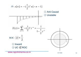 18/11/2008 104
www.rajeshsharma.co.inwww.rajeshsharma.co.inwww.rajeshsharma.co.inwww.rajeshsharma.co.in
(2)
① Anti Causal
② Unstable
① Inward
② UC ROC
]1[)
2
1
(][ −−−= nunx n
1
1
2
1
1
1
)
2
1
()(
−
−
−
−∞=
−
=−= ∑
z
zzX nn
n
2
1
<z
⊄
2
1
2
1
ROC :
 
