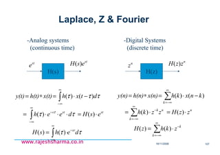 18/11/2008 107
www.rajeshsharma.co.inwww.rajeshsharma.co.inwww.rajeshsharma.co.inwww.rajeshsharma.co.in
-Analog systems
(continuous time)
H(s)
st
esH )(st
e
-Digital Systems
(discrete time)
H(z)
n
zzH )(n
z
ττ
ττ
τττ
τ
dehsH
esHdeeh
dtxhx(t)h(t)y(t)
sr
ststs
−
∞
∞−
∞
∞−
−
∞
∞−
∫
∫
∫
⋅=
⋅=⋅⋅⋅=
−⋅=∗=
)()(
)()(
)()(
k
k
nnk
k
k
zkhzH
zzHzzkh
knxkhx(n)h(n)y(n)
−
∞
−∞=
−
∞
−∞=
∞
−∞=
⋅=
⋅=⋅=
−⋅=∗=
∑
∑
∑
)()(
)()(
)()(
Laplace, Z & Fourier
 