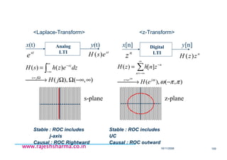18/11/2008 109
www.rajeshsharma.co.inwww.rajeshsharma.co.inwww.rajeshsharma.co.inwww.rajeshsharma.co.in
<Laplace-Transform> <z-Transform>
Stable : ROC includes Stable : ROC includes
j-axis UC
Causal : ROC Rightward Causal : ROC outward
),(),(
)()(
∞−∞ΩΩ →
=
Ω=
∞
∞−
−
∫
jH
dzezhsH
js
sz
),(),(
][)(
ππωωω
− →
=
=
∞
−∞=
−
∑
jez
n
n
eH
znhzH
j
Analog
LTI
x(t) y(t) Digital
LTI
x[n] y[n]
st
e
st
esH )( n
z n
zzH )(
z-planes-plane
 