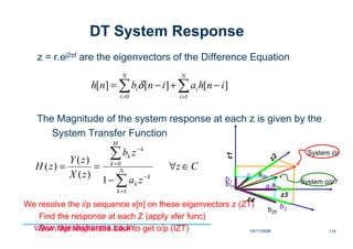 18/11/2008 114
www.rajeshsharma.co.inwww.rajeshsharma.co.inwww.rajeshsharma.co.inwww.rajeshsharma.co.in
DT System Response
Cz
za
zb
zX
zY
zH N
k
k
k
M
k
k
k
∈∀
−
==
∑
∑
=
−
=
−
1
0
1
)(
)(
)(
∑∑ ==
−+−=
N
i
i
N
i
i inhainbnh
10
][][][ δ
•z = r.ej2πf are the eigenvectors of the Difference Equation
•The Magnitude of the system response at each z is given by the
•System Transfer Function
•We resolve the i/p sequence x[n] on these eigenvectors z (ZT)
•Find the response at each Z (apply xfer func)
•Sum the responses back to get o/p (IZT)
z3
z1
z2
z4
a1
a2b1
b2
System i/p
System o/p?
b20
b1o
a2o
a1o
 