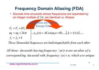 18/11/2008 14
www.rajeshsharma.co.inwww.rajeshsharma.co.inwww.rajeshsharma.co.inwww.rajeshsharma.co.in
Frequency Domain Aliasing (FDA)
Discrete time sinusoids whose frequencies are separated by
an integer multiple of are identical i.e. Aliases
14
re uniqueπ, which a|ω|frequencyusoid withingcorrespond
f aan alias oπ arencying frequeusoids havAll those
<
>
sin
||sin ω
π2
}
therrom each ouishable fIndistinguences aresoidal SeqThese Sinu
knACosn
kff
k
kFFF
k
k
k
Sok
,....2,1..).....()(x...2 k
0
0 ±±=+=





+=
+=
+=
θωπωω
All Spectra are Aliases
Except One
 