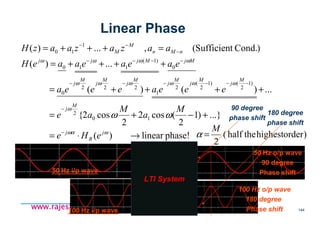 18/11/2008 144
www.rajeshsharma.co.inwww.rajeshsharma.co.inwww.rajeshsharma.co.inwww.rajeshsharma.co.in
)orderhighestthehalf(
2
M
=αphase!linear)(
...})1
2
(cos2
2
cos2{
...)()(
...)(
)Cond.Sufficient(,...)(
10
2
)1
2
()1
2
(
2
1
222
0
0
)1(
110
1
10
→⋅=
+−+=
++++=
++++=
=+++=
−
−
−−−−−−
−−−−
−
−−
ωωα
ω
ωωωωωω
ωωωω
ωω
j
R
j
M
j
M
j
M
j
M
j
M
j
M
j
M
j
MjMjjj
nMn
M
M
eHe
M
a
M
ae
eeeaeeea
eaeaeaaeH
aazazaazH
Linear Phase
LTI System
90 degree
phase shift
50 Hz i/p wave
100 Hz i/p wave
50 Hz o/p wave
90 degree
Phase shift
100 Hz o/p wave
180 degree
Phase shift
180 degree
phase shift
 