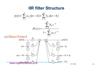 18/11/2008 145
www.rajeshsharma.co.inwww.rajeshsharma.co.inwww.rajeshsharma.co.inwww.rajeshsharma.co.in
∑∑ ==
−+−=
M
k
k
N
k
k knxbknyany
01
][][][
∑
∑
=
−
=
−
−
= N
k
k
k
M
k
k
k
za
zb
zH
1
0
1
)(
(1) Direct Form-I
)(nx )(ny
1−
z
1−
z
1−
z
1−
z
1−
z
1−
z
)1( −nx
)1( +− Mnx
)( Mnx −
0b
1b
1−Mb
Mb )( Nny −
)1( +− Nny
)1( −ny
1a
1−Na
Na
IIR filter Structure
 