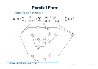 18/11/2008 148
www.rajeshsharma.co.inwww.rajeshsharma.co.inwww.rajeshsharma.co.inwww.rajeshsharma.co.in
- Partial fraction expansion
∑ ∑∑ −
−−
−
−
+
−−
+
+
−
= k
k
kk
kk
k
k
k
zC
zz
zBB
z
A
zH 2
2
1
1
1
10
11
)(
ββα
0C
1C
k2β
k1β
kB0
kB1
kA
kα
Parallel Form
 