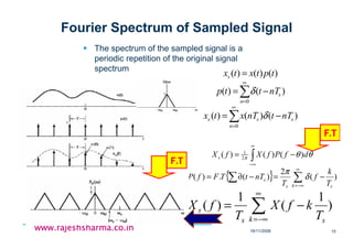 18/11/2008 15
www.rajeshsharma.co.inwww.rajeshsharma.co.inwww.rajeshsharma.co.inwww.rajeshsharma.co.in
Fourier Spectrum of Sampled Signal
∑
∑
∞
=
∞
=
−=
−=
=
0
0
)()()(
)()(
)()()(
n
sss
n
s
s
nTtnTxtx
nTttp
tptxtx
δ
δ
{ } ∑∑
∫
∞
−∞=
∞
∞−
−=−∂=
−=
k ss
s
s
T
k
f
T
nTtTFfP
dfPfXfX
)(
2
)(.)(
)()()( 2
1
δ
π
θθπ
∑
∞
−∞=
−=
k ss
s
T
kfX
T
fX )
1
(
1
)(
F.TF.TF.TF.T
F.TF.TF.TF.T
The spectrum of the sampled signal is a
periodic repetition of the original signal
spectrum
 